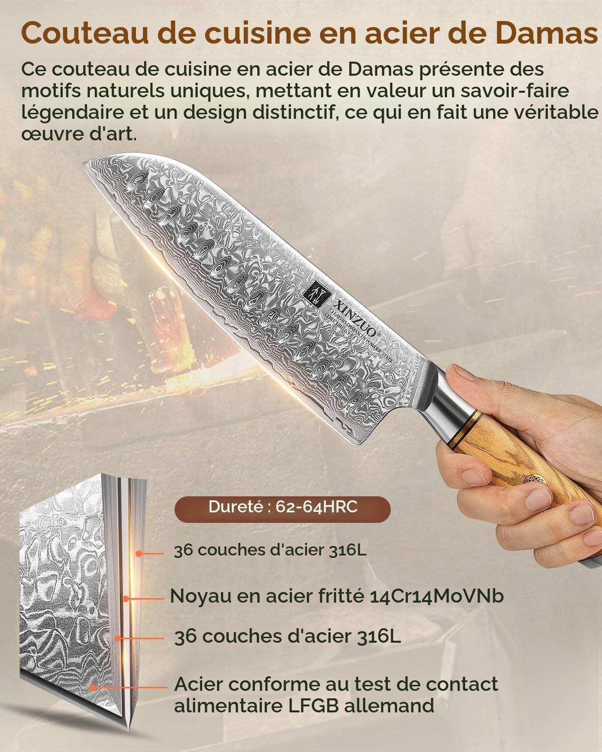 Acier Damas 18.2cm Couteau Santoku,Tranchants Couteaux de Cuisine Acier en Poudre de Damas 73 Couches Couteau à Légumes Couteau de Chef-Poignée Ergonomique en Bois d'Olivier-Série Lan