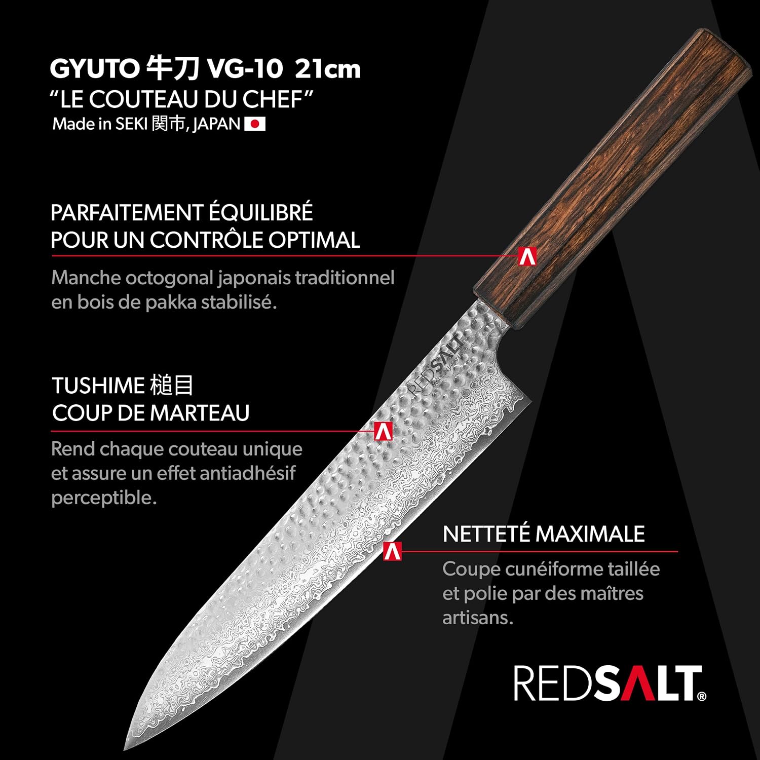 REDSALT® Professional Series GYUTO 牛刀 couteau de chef 21 cm en acier Damas 69 couches fabriqué à la main au Japon - à lame martelée en acier inoxydable Damas extra tranchant professionnel cuisine GYUTO 牛刀 21cm
