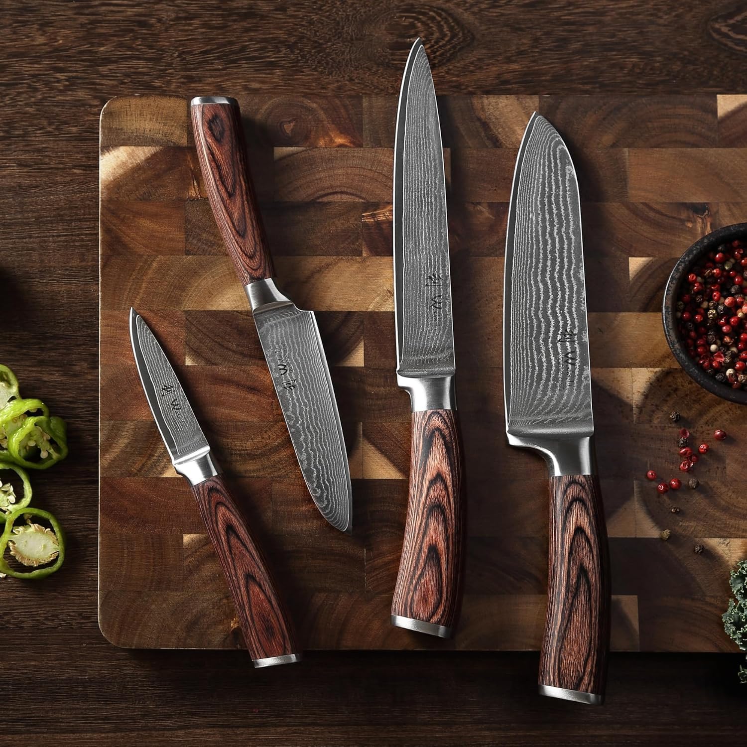 Edib Set de 4 couteaux en Damas I Lames en acier damassé à 67 couches avec noyau VG10 et manches en bois de pakka I Couteaux de cuisine professionnels & couteaux damassés