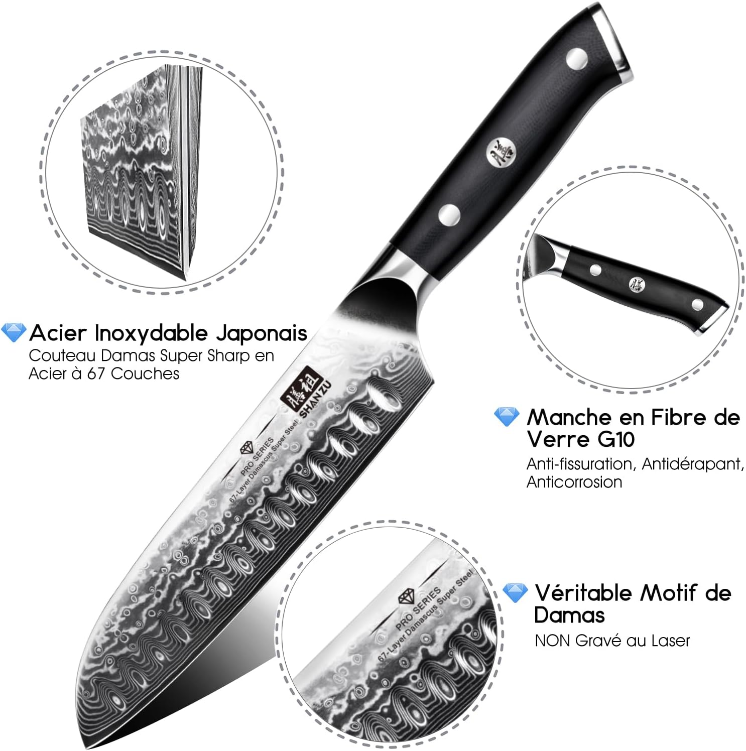 Couteau Santoku Japonais 18cm, Couteau Damas en Acier Japonais 67 Couches, Poignée G10 - PRO Series, Argenté Couteau Santoku Damas