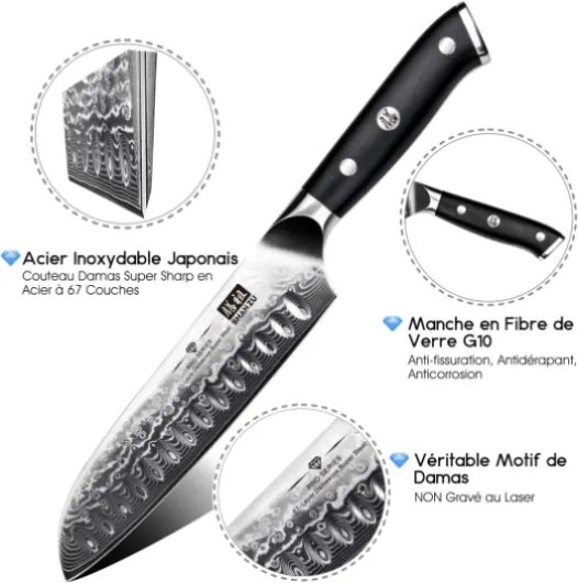 Couteau Santoku Japonais 18cm, Couteau Damas en Acier Japonais 67 Couches, Poignée G10 - PRO Series, Argenté Couteau Santoku Damas