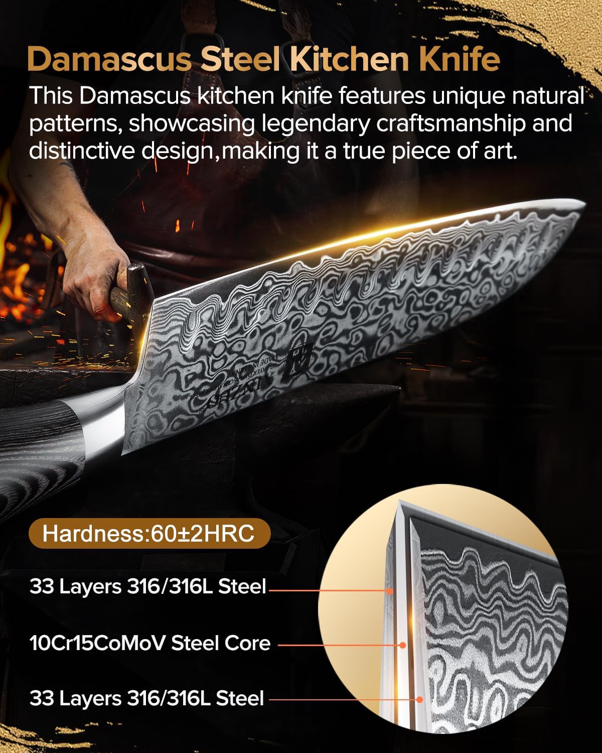 Ensemble de Bloc de Couteaux 7 Pièces en Acier Damas, Professionnel Chef Santoku Trancher Universel Paring,Ciseaux de Cuisine Multifonctionnel, Pakkawood Poignée -Ya Série 7 Pièces Ensemble de Couteaux de Cuisine