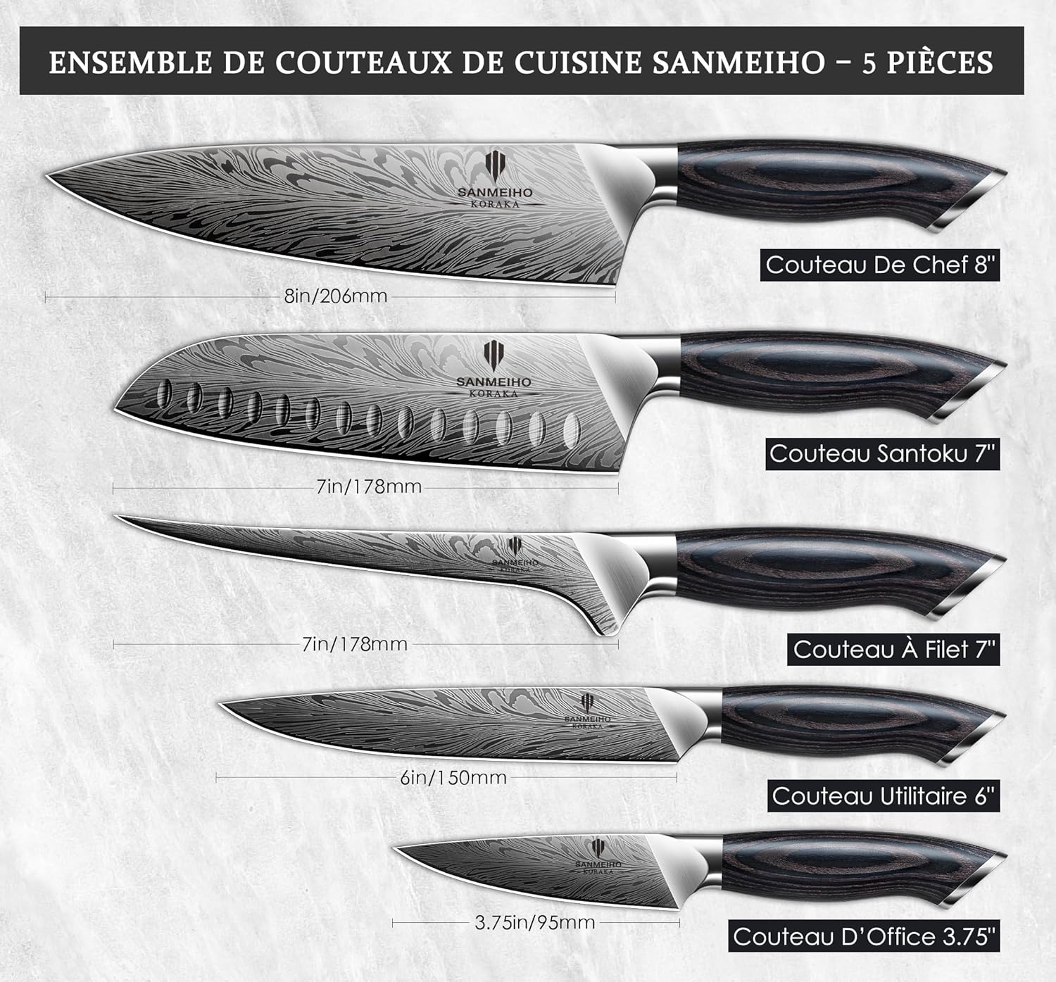 Set de Couteaux de Cuisine Professionnels 5 Pièces, Couteaux Japonais en Acier en Poudre 63 HRC, Set Couteaux Cuisine Ultra Tranchants 12°, Manche Bois Naturel Set de Couteaux 5
