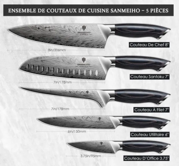 Set de Couteaux de Cuisine Professionnels 5 Pièces, Couteaux Japonais en Acier en Poudre 63 HRC, Set Couteaux Cuisine Ultra Tranchants 12°, Manche Bois Naturel Set de Couteaux 5