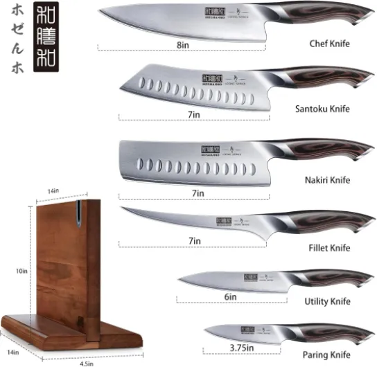 Lot de 7 Couteaux de Cuisine, Couteau Cuisine Bloc Magnétique en Acier Inoxydable Japonais à Haute Teneur en Carbone, Couteau de Chef Ultra-tranchants Avec Manche Ergonomique en Bois de Pakka 7 Pieces Knife Set