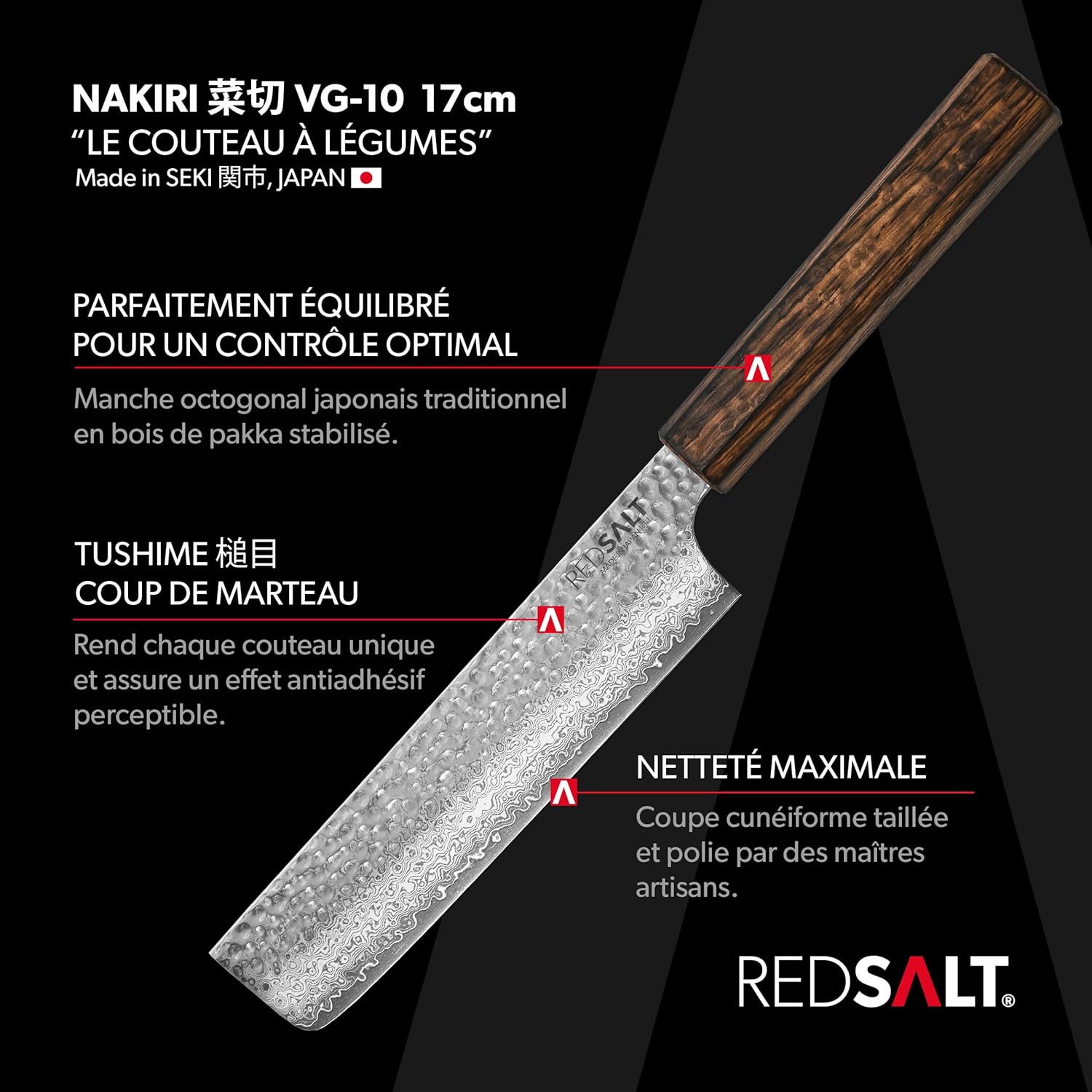 REDSALT® Professional Series NAKIRI 三德 couteau à parer 17cm - 69 couches fabriqué à la main au Japon - couteau professionnel de cuisine à lame martelée en acier inoxydable Damas extra tranchant NAKIRI 菜切 17cm