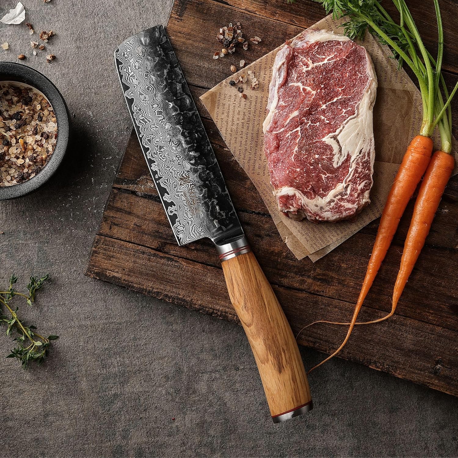 Couteau Nakiri en acier Damas I Lame de 17,5 cm en acier damassé à 67 couches avec noyau VG10 et manche en bois de d'olivier I Couteau de cuisine professionnel & couteau damassé