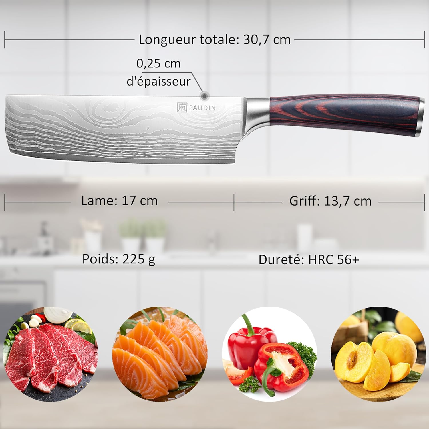 Nakiri Couteau cuisine 17 cm, Couteau de cuisine professionnel Couteaux de chef japonais, Couteaux en acier inoxydable, Manche en Bois, pour Cuisine, Restaurant