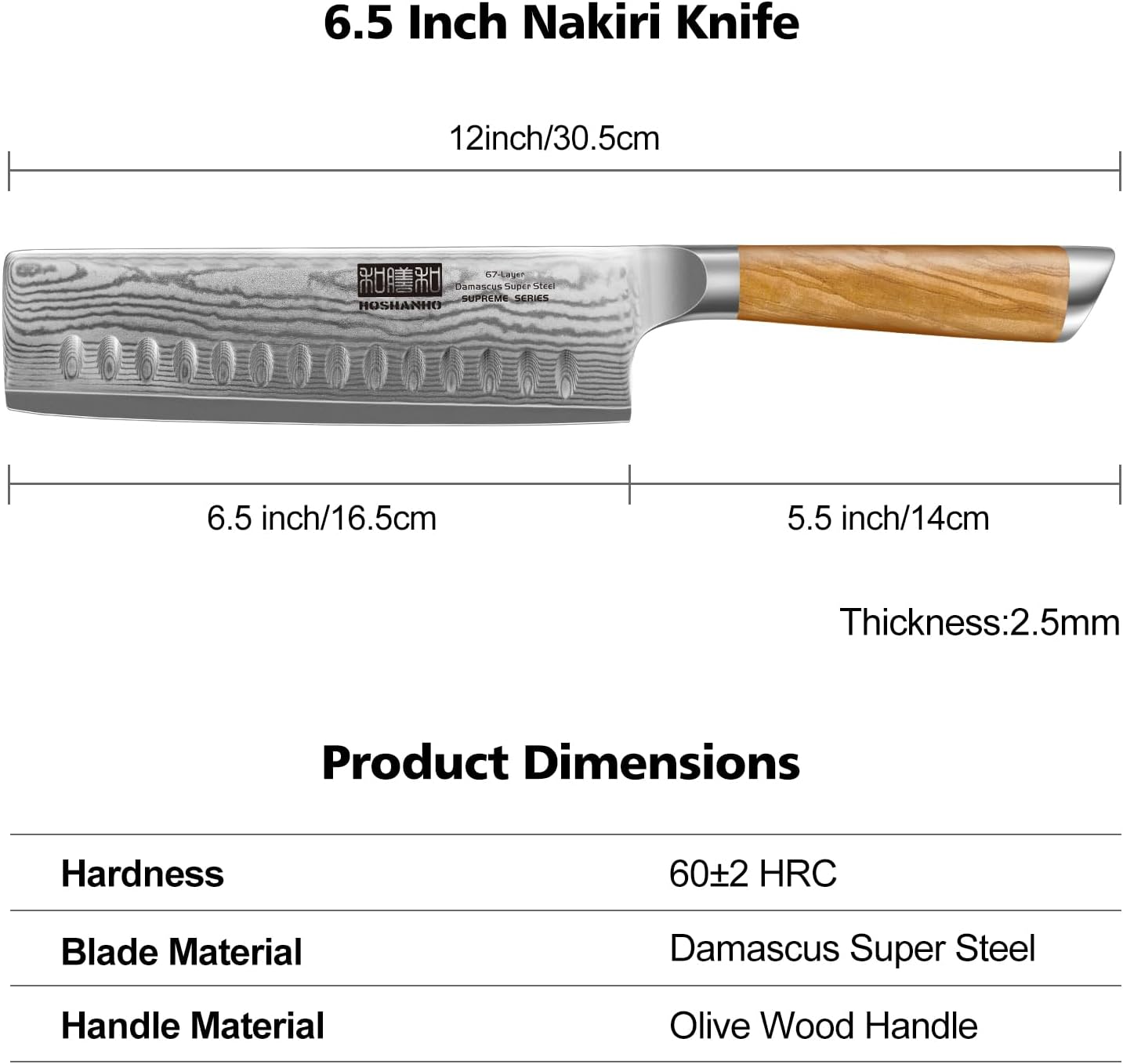 Damas Couteau de Cuisine Nakiri 16,5 cm en Acier Damas de 67 Couche, Professionnel Super Tranchant Japonais Couteau avec Manche Ergonomique en Bois 17 cm