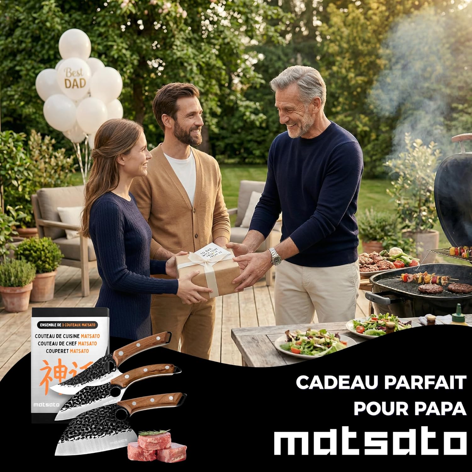 Set de Couteaux de Cuisine Professionnel – 3 Pièces, Couteau de Chef, Couteau de Cuisine, Couteau de Boucher avec Poignée Ergonomique en Bois