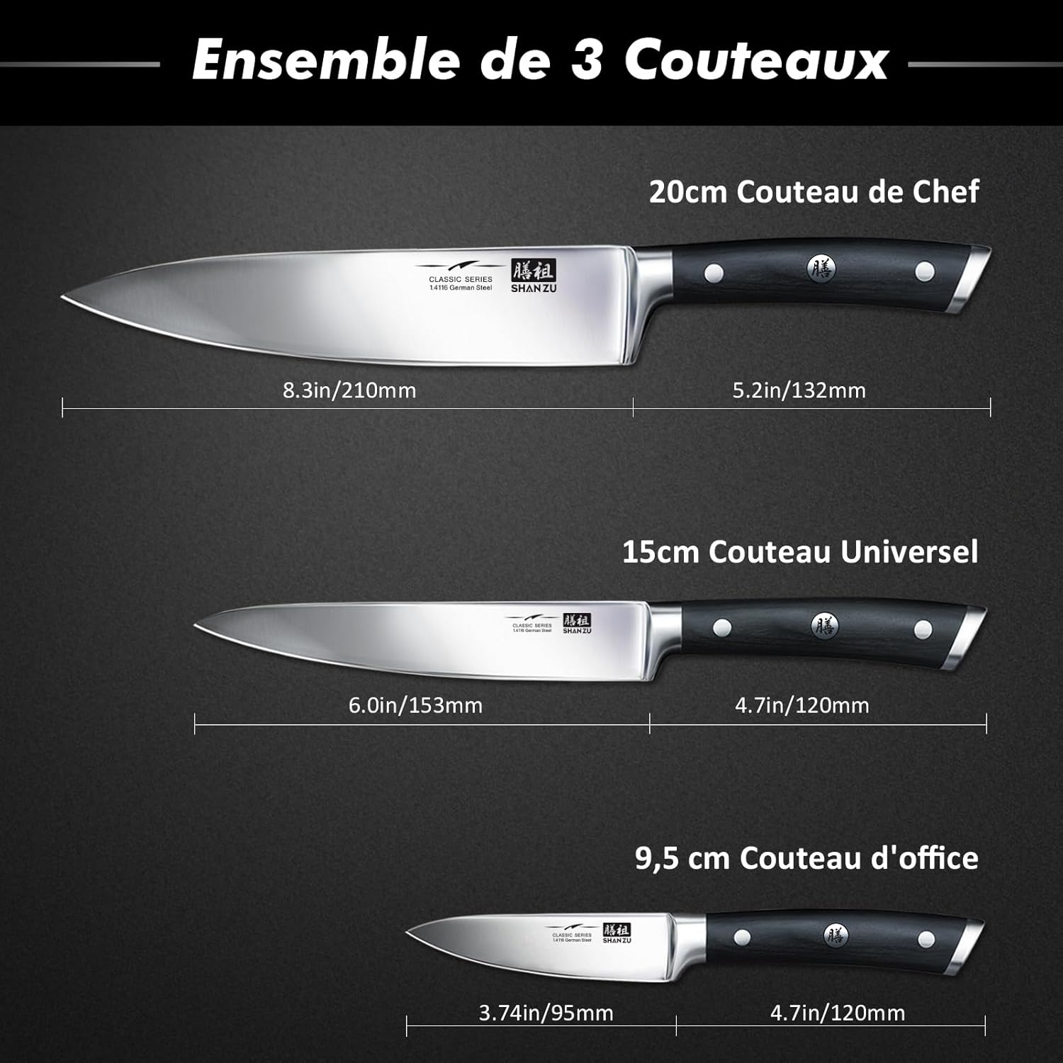Set Couteaux Cuisine, Ensemble de 3 Couteau Japonais à Acier Inoxydable Haute Dureté, Manche Ergonomique en Bois, Couteau de Chef, Couteaux de Universel et Couteau Paring Lot de 3 Couteaux de Chef en Acier Inoxydable