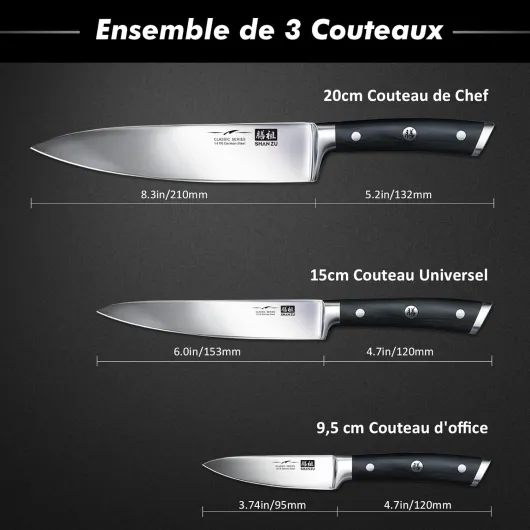 Set Couteaux Cuisine, Ensemble de 3 Couteau Japonais à Acier Inoxydable Haute Dureté, Manche Ergonomique en Bois, Couteau de Chef, Couteaux de Universel et Couteau Paring Lot de 3 Couteaux de Chef en Acier Inoxydable