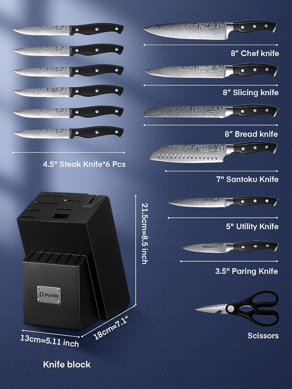 D.Perlla Couteau Cuisine, Bloc de Couteaux 14 pièces avec Affûteur Intégré, Bloc de Bois Noir, Couteaux Ciseaux, Acier Inoxydable, Manche Noir