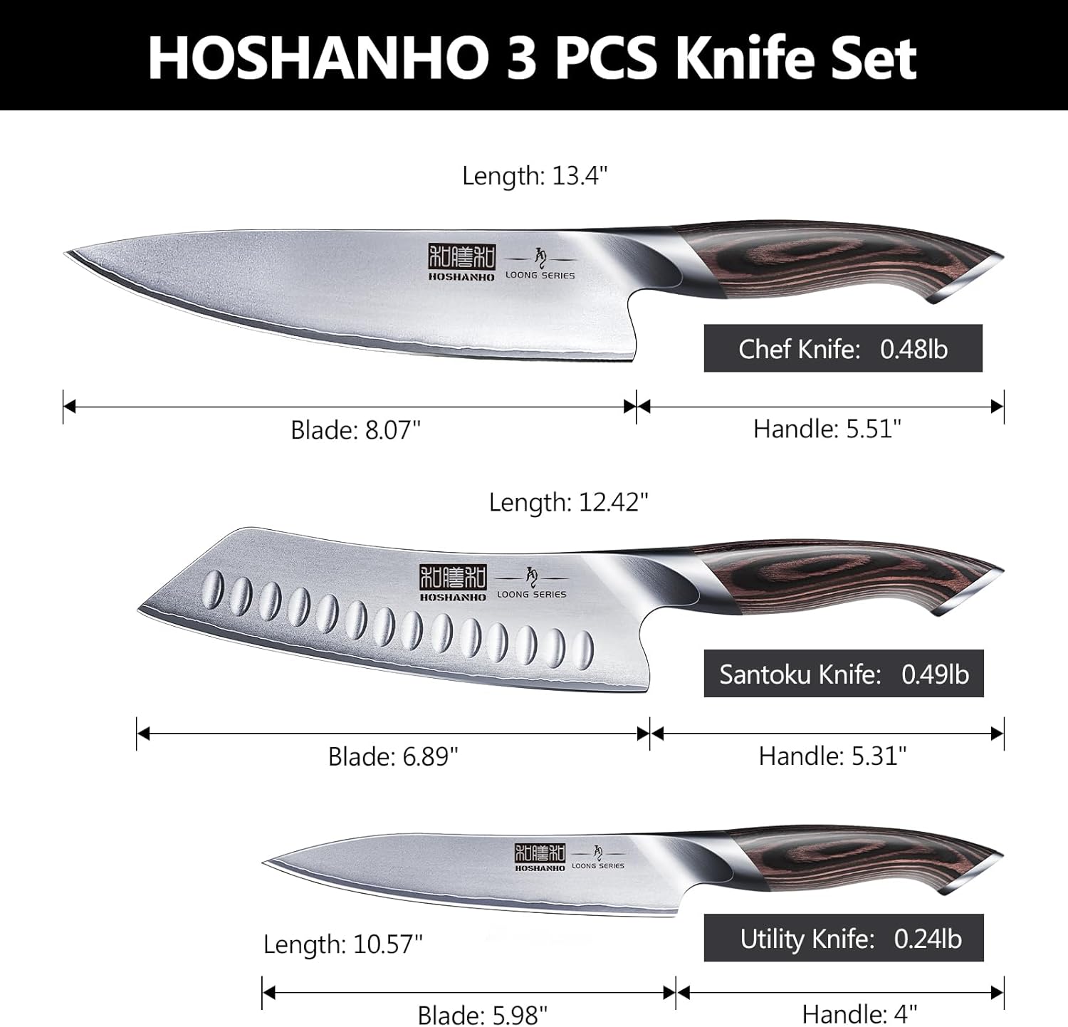 3 Pièces Set Couteau Cuisine Super Aiguisé, Couteau Japonais Professionnel, Couteaux de Cuisine en Acier Inoxydable Allemand