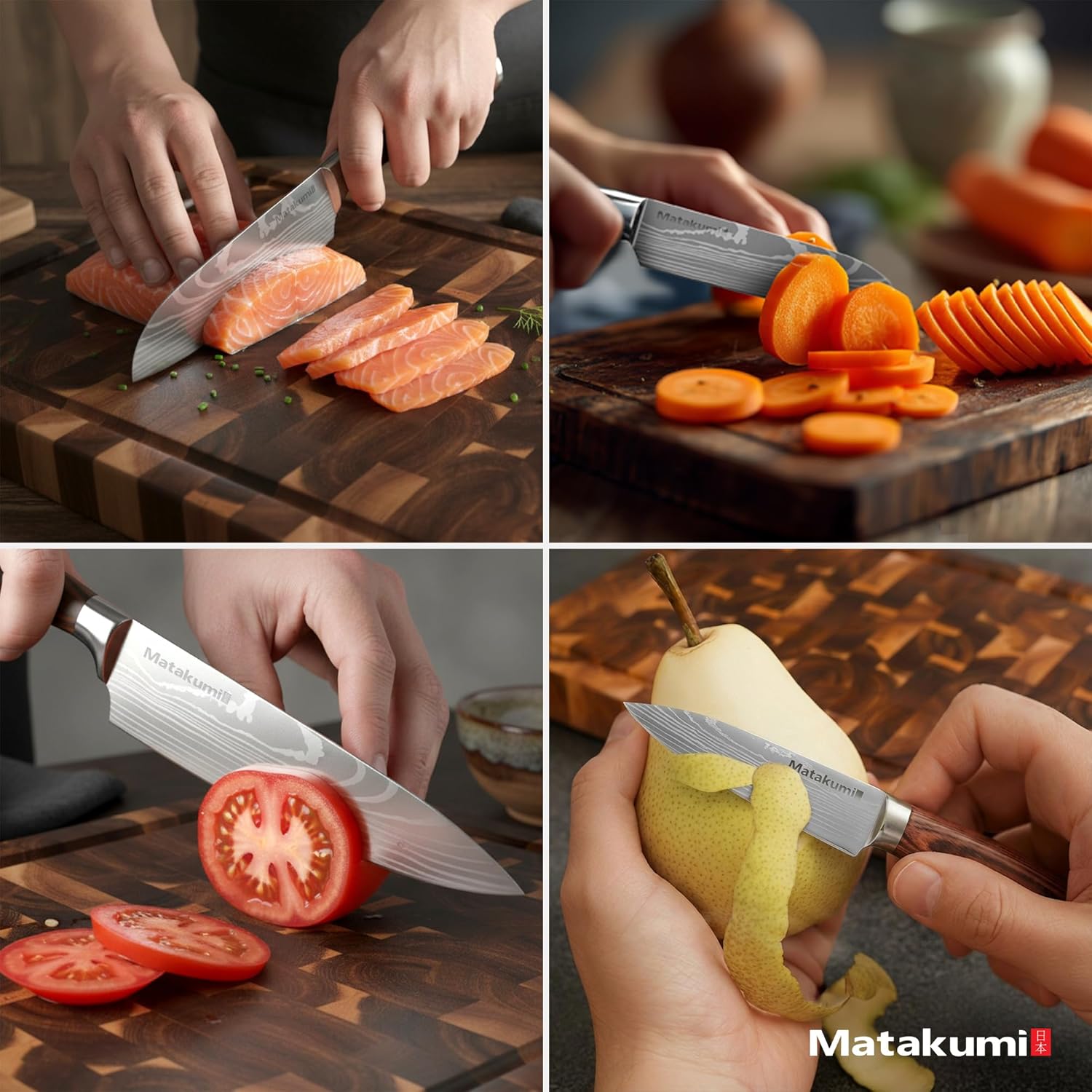 Couteau cuisine japonais inspiré set avec motif damassé gravé, lames en acier au carbone avec manche ergonomique pour un confort durable, 4 pièces couteau cuisine professionnel