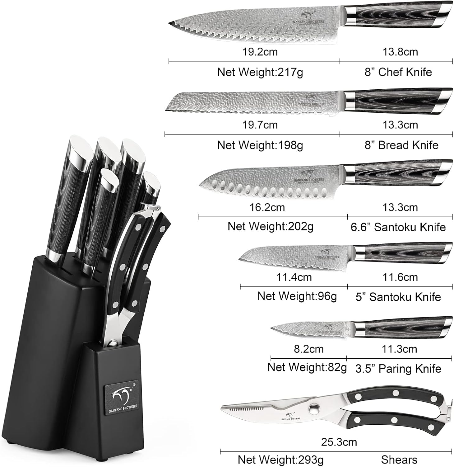 Ensemble de Couteaux de Cuisine Damas 7 Pièces, Ensemble de Couteaux de Cuisine Professionnels Japonais VG10 Damas avec Bloc de Couteaux en Hêtre Argent (Silver)