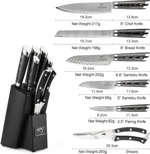 Ensemble de Couteaux de Cuisine Damas 7 Pièces, Ensemble de Couteaux de Cuisine Professionnels Japonais VG10 Damas avec Bloc de Couteaux en Hêtre Argent (Silver)