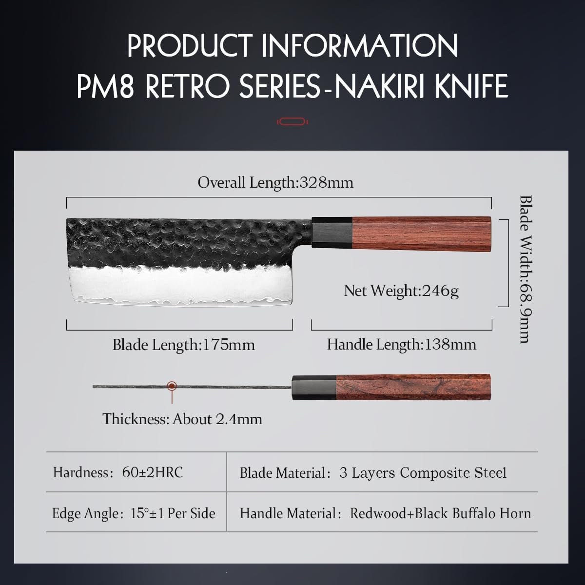 Couteau Nakiri, style japonais, multifonction, couteau de chef asiatique pour trancher la viande, couper les légumes, manche octogonal ergonomique en bois de séquoia 18 cm