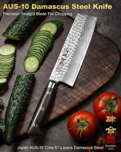 Couteau Nakiri Japonais 18 cm Couteau Damas en Acier Damas 67 Couches, Manche en Bois d’Ébène Pleine Soie, Couteau à Légumes avec Coffret Cadeau Premium