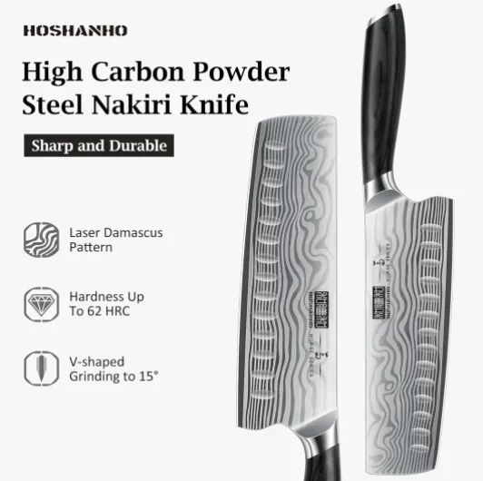 Couteau de Cuisine Nakiri de 18 cm, Couteau Nakiri Japonais en Acier Poudré à Haute Teneur en Carbone pour Légumes et Hacher, Couteau de Chef Asiatique Tranchant Polyvalent Avec Manche Ergono