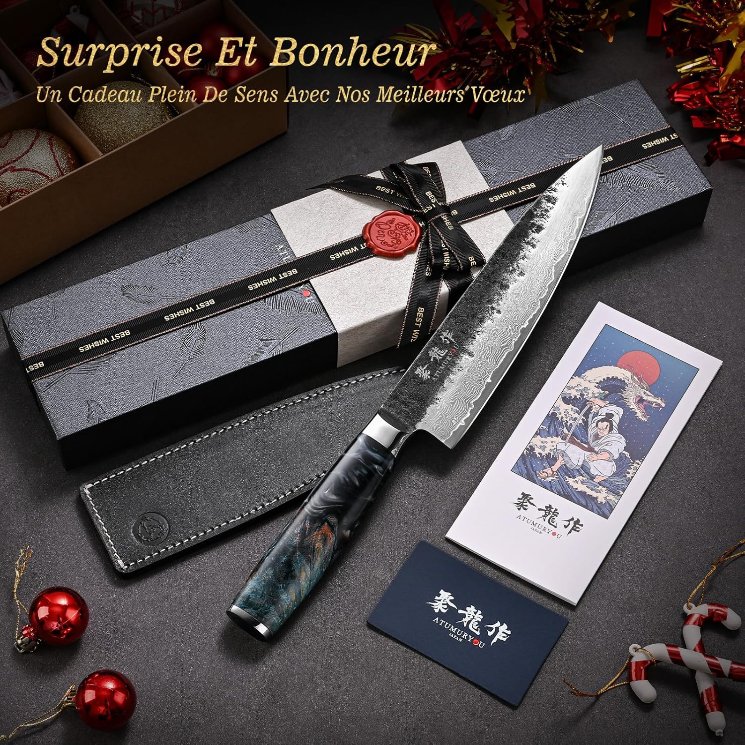 Atumuryou Couteau Japonais de Chef 20cm, Couteau Damas Japonais à 67 Couches avec Noyau en Acier VG10, Couteau de Cuisine Forgé à la Main Ultra Tranchant, Poignée en Bois Stabilisé et Résine