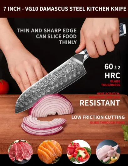 Damas Couteau de Santoku avec Lame 18 cm Professionnel Couteau de Cuisine en Japonais VG-10 67 Couche Damas Acier avec Poignée en résine(Noir étoilé) - Xuan Série Couteaux Santoku (Noir)