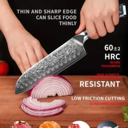 Test SANMUZUO Damas Santoku 18 cm : un couteau qui coupe vraiment, mais pas sans défauts