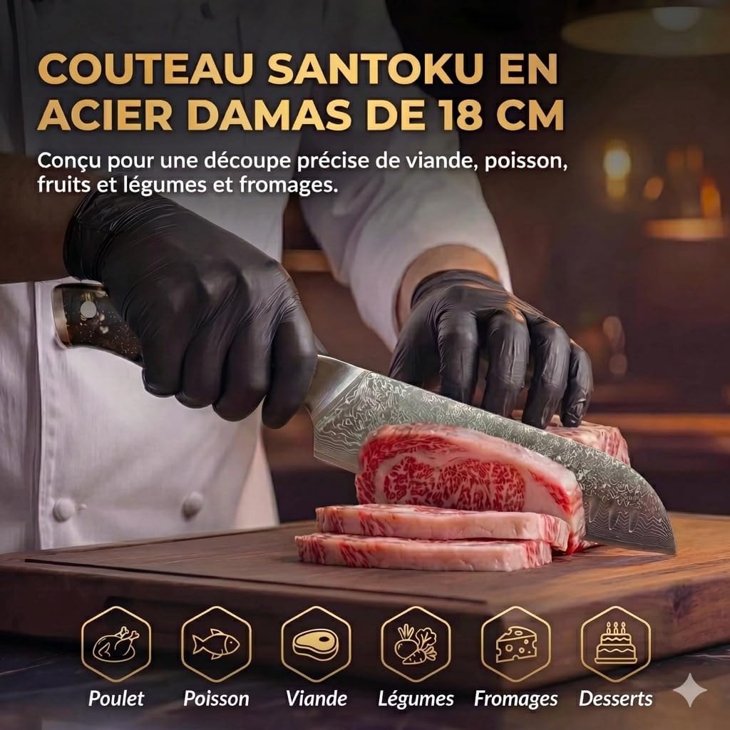MIKORO Couteau de Cuisine Santoku Japonais 18cm - Acier Damas 67 Couches - Professionnel Ultra Tranchant - Manche Carbone - Coffret Cadeau Premium
