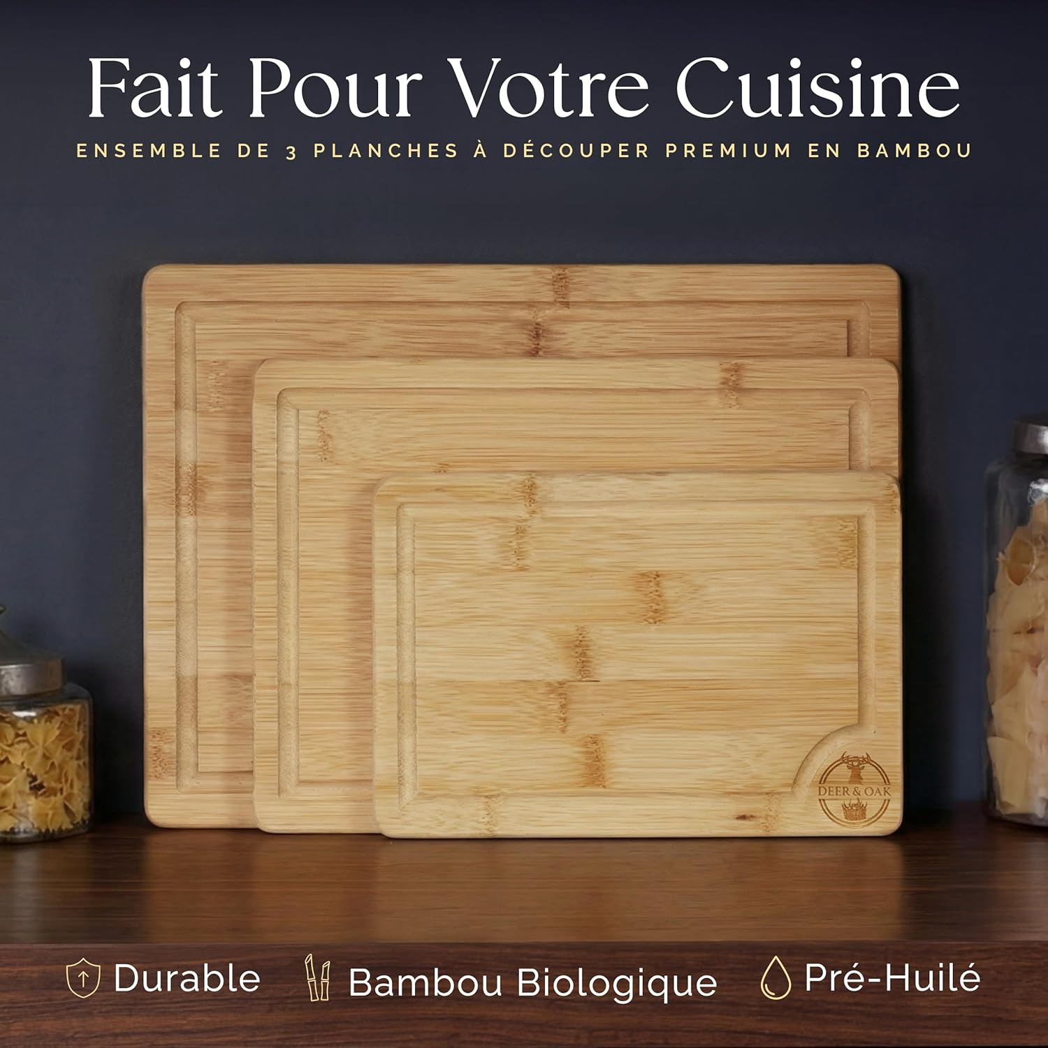 Deer & Oak Lot de 3 Planches à Découper en Bambou, Planches à Découper en Bois Pré-huilées pour Cuisine 36x24cm, 30x20cm, 22x15cm, avec Poignées Latérales et Rainures