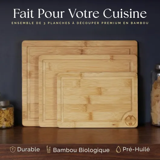 Deer & Oak Lot de 3 Planches à Découper en Bambou, Planches à Découper en Bois Pré-huilées pour Cuisine 36x24cm, 30x20cm, 22x15cm, avec Poignées Latérales et Rainures