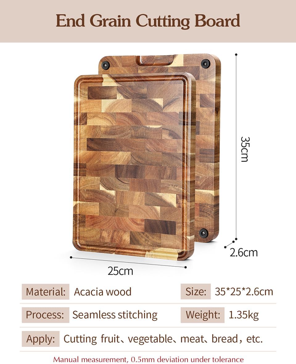 Planche à Découper en Bois d'Acacia- Tranchoir Planchette Ustensile de Cuisine- Fabriquée à la Main en Bois End Grain- avec Pieds Antidérapants, Poignées Latérales et Rainure pour le Jus 35L x 25l cm Bois de Acacia