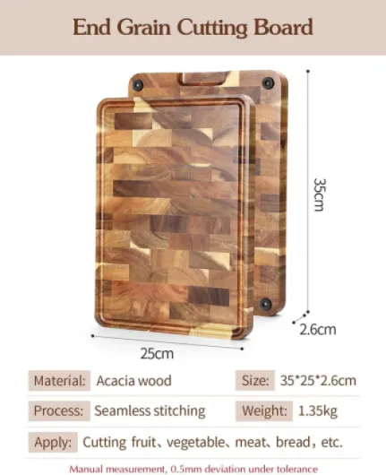 Planche à Découper en Bois d'Acacia- Tranchoir Planchette Ustensile de Cuisine- Fabriquée à la Main en Bois End Grain- avec Pieds Antidérapants, Poignées Latérales et Rainure pour le Jus 35L x 25l cm Bois de Acacia