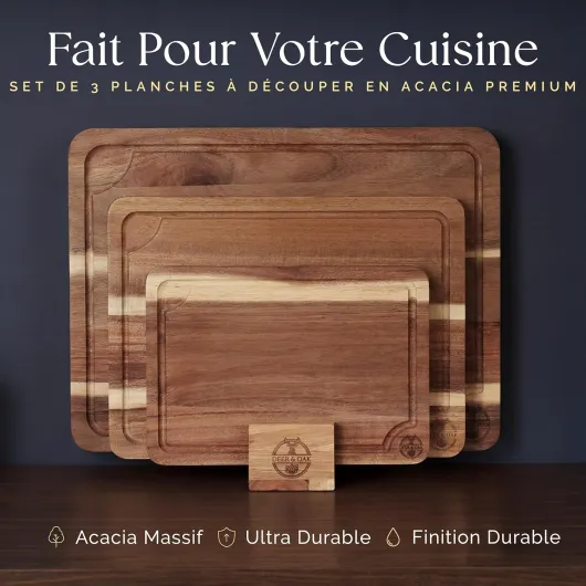 Ensemble de 3 planches à découper en acacia pré-huilées, non toxiques avec support, planches à découper en bois certifiées FSC, comprend 100 ml d'huile pour planche à découper, 3 planches de sculpture Ensemble de 3 Pièces