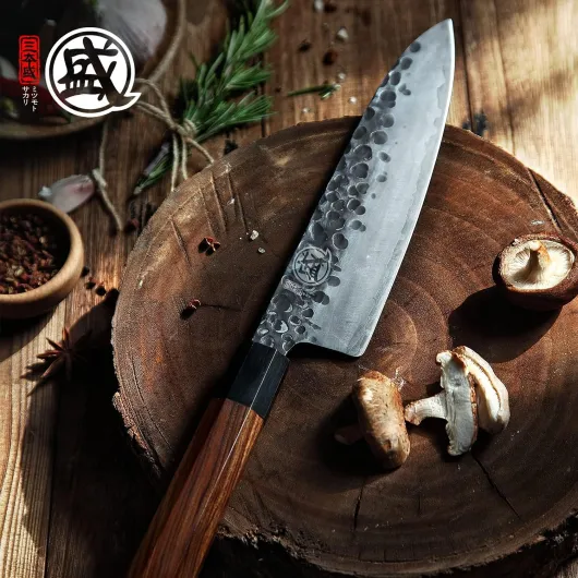 Couteau Japonais de 22 cm, Couteau Cuisine Gyutu Forgé à la Main, Couteau de Cuisine en acier à Haute Carbone (Manche en Bois de Rose et Boutique Boîte en Bois) Couteau Cuisine Gyutu 20 cm