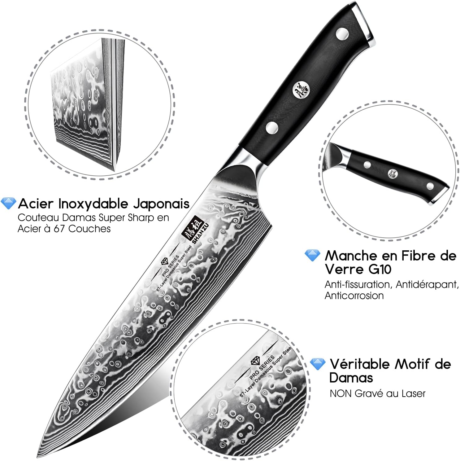 Couteau Japonais de Chef 20cm, Couteau Damas en Acier Japonais 67 Couches Super Tranchant, Poignée G10 - PRO Series Couteau de Chef Damas