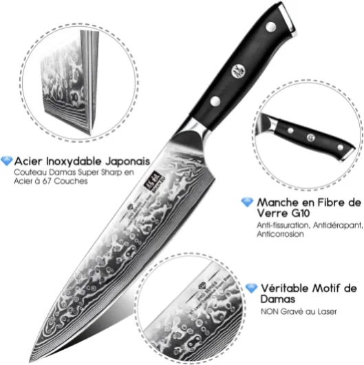 Couteau Japonais de Chef 20cm, Couteau Damas en Acier Japonais 67 Couches Super Tranchant, Poignée G10 - PRO Series Couteau de Chef Damas