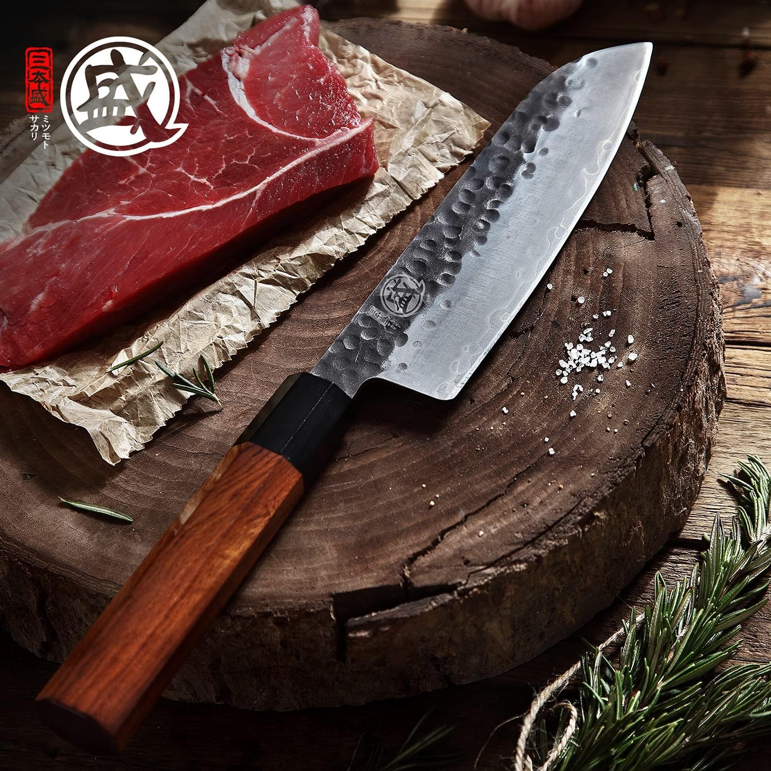 Cuisine Japonais de 18 cm, Couteau de Cuisine en Acier à Haute Carbone, Couteaux de Cuisine Santoku Forgés à la Main (Manche en Bois de Rose et Boutique Boîte en Bois) Couteau Cuisine Santoku 18 cm