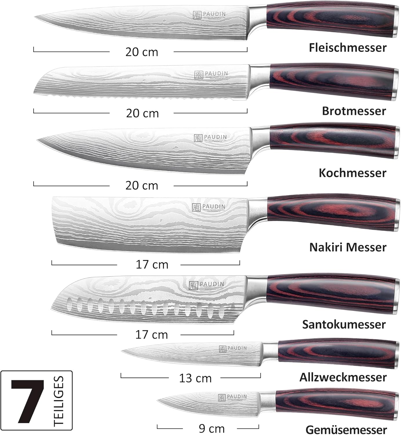 Set Couteau Cuisine Professionnel 7 Pièces, Couteau Japonais Viande Tranchant, Ensemble Couteauxde Chef Santoku Universel Fruit Pain, Acier Inoxydable Allemand, Manche en Bois 7 Set Couteau Cuisine