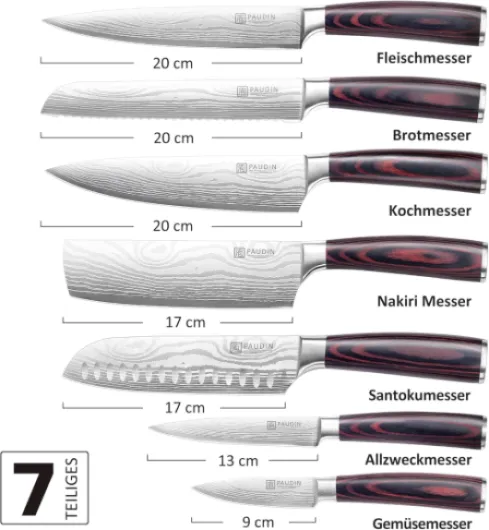 Set Couteau Cuisine Professionnel 7 Pièces, Couteau Japonais Viande Tranchant, Ensemble Couteauxde Chef Santoku Universel Fruit Pain, Acier Inoxydable Allemand, Manche en Bois 7 Set Couteau Cuisine