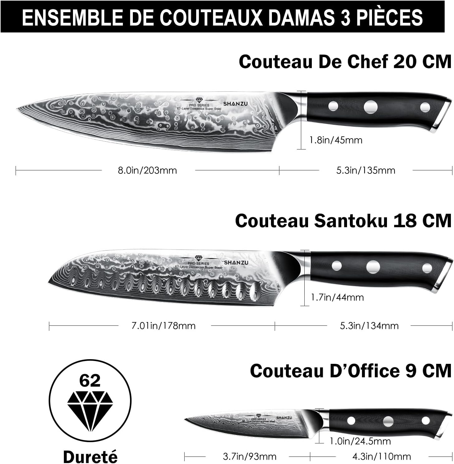 3 Pièces Set de Couteaux de Cuisine Damas, Ensemble de Couteau Japonais Acier Japonais 67 Couches Super Tranchant, Couteau de Chef, Couteau Santoku- PRO Series