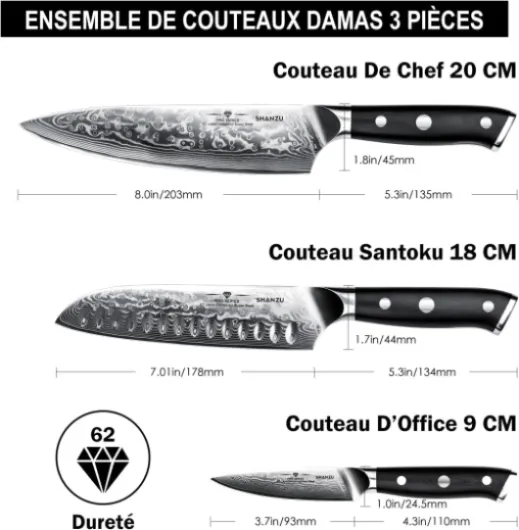 3 Pièces Set de Couteaux de Cuisine Damas, Ensemble de Couteau Japonais Acier Japonais 67 Couches Super Tranchant, Couteau de Chef, Couteau Santoku- PRO Series