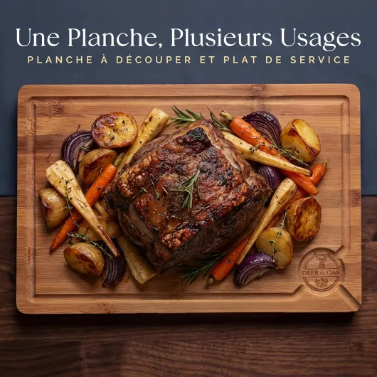Deer & Oak Planche à découper XXL en bambou carbonisé 44 x 30 x 2 cm, planche en bois pré-huilée pour couper viande, poisson, légumes, fruits, fromage et pain