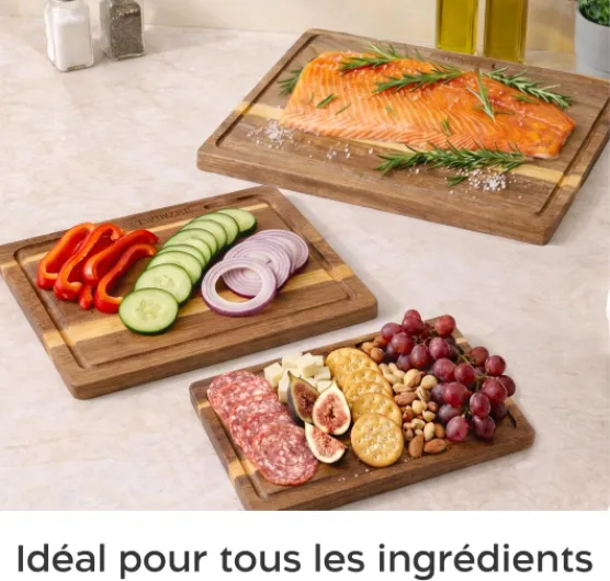 3 Planche a Decouper (40 x 30/33 x 24/26 x 18 cm) en Acacia Massif - Planche a Decouper Bois avec Support, 2cm d'Epaisseur, avec Rainure a Jus