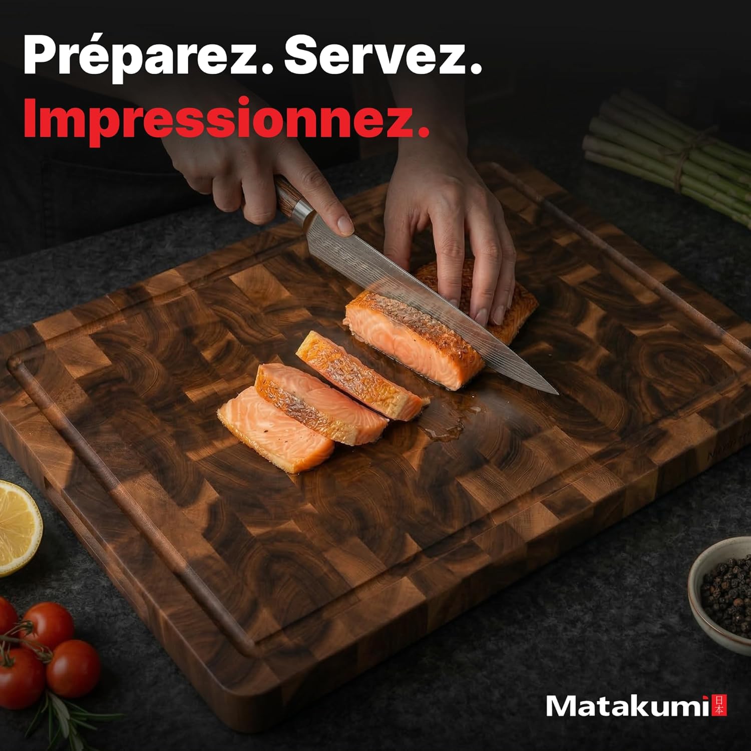 Planche à Découper Bois - Planche de Cuisine en Bois d’Acacia avec Poignées Latérales, Rigole à Jus et Bois de Bout pour Préserver les Lames de Couteaux - Double Face (40 x 30 x 3 cm)