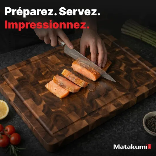 Planche à Découper Bois - Planche de Cuisine en Bois d’Acacia avec Poignées Latérales, Rigole à Jus et Bois de Bout pour Préserver les Lames de Couteaux - Double Face (40 x 30 x 3 cm)
