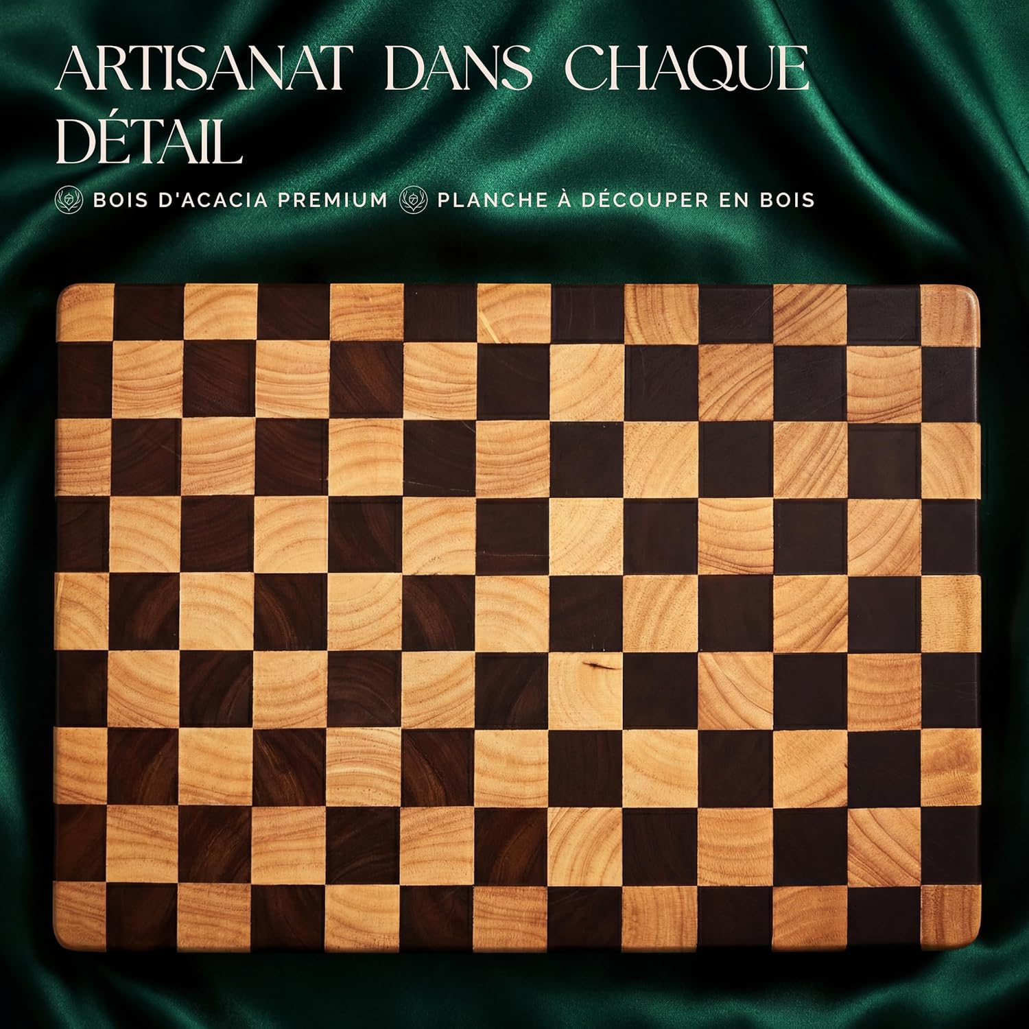 Deer & Oak Planche à Découper en Acacia Bois de Bout Motif Échiquier & Huile Alimentaire – 45 x 31 x 3,5 cm, Bloc Boucher FSC Pré-Huilé avec Poignées, Planche Apéritif Checkered Board