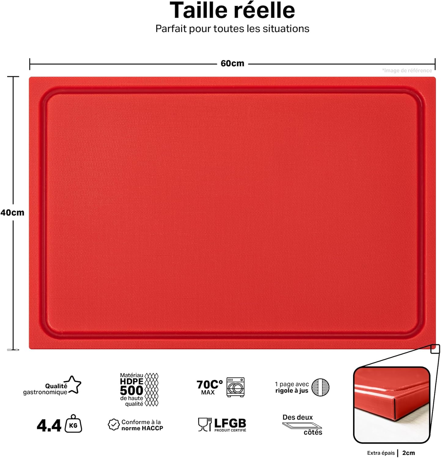 Planche à découper en plastique PE-HD Rouge, 60x40x2 cm, passe au lave-vaisselle, extra épaisse, n'abîme pas les couteaux bac à jus 60L x 40l cm Rouge