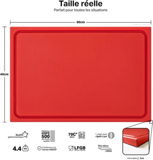 Planche à découper en plastique PE-HD Rouge, 60x40x2 cm, passe au lave-vaisselle, extra épaisse, n'abîme pas les couteaux bac à jus 60L x 40l cm Rouge