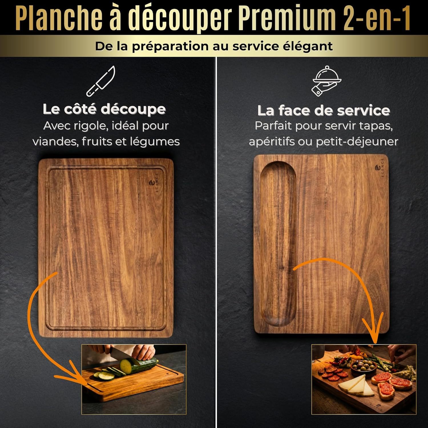 Planche à découper en bois d'acacia - planche de cuisine haut de gamme avec rigole à jus et poignées latérales, utilisable des deux côtés pour couper & servir, 40x30x3cm
