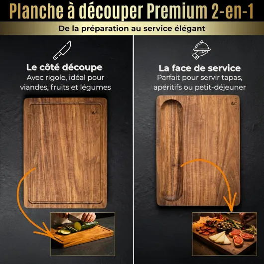 Planche à découper en bois d'acacia - planche de cuisine haut de gamme avec rigole à jus et poignées latérales, utilisable des deux côtés pour couper & servir, 40x30x3cm